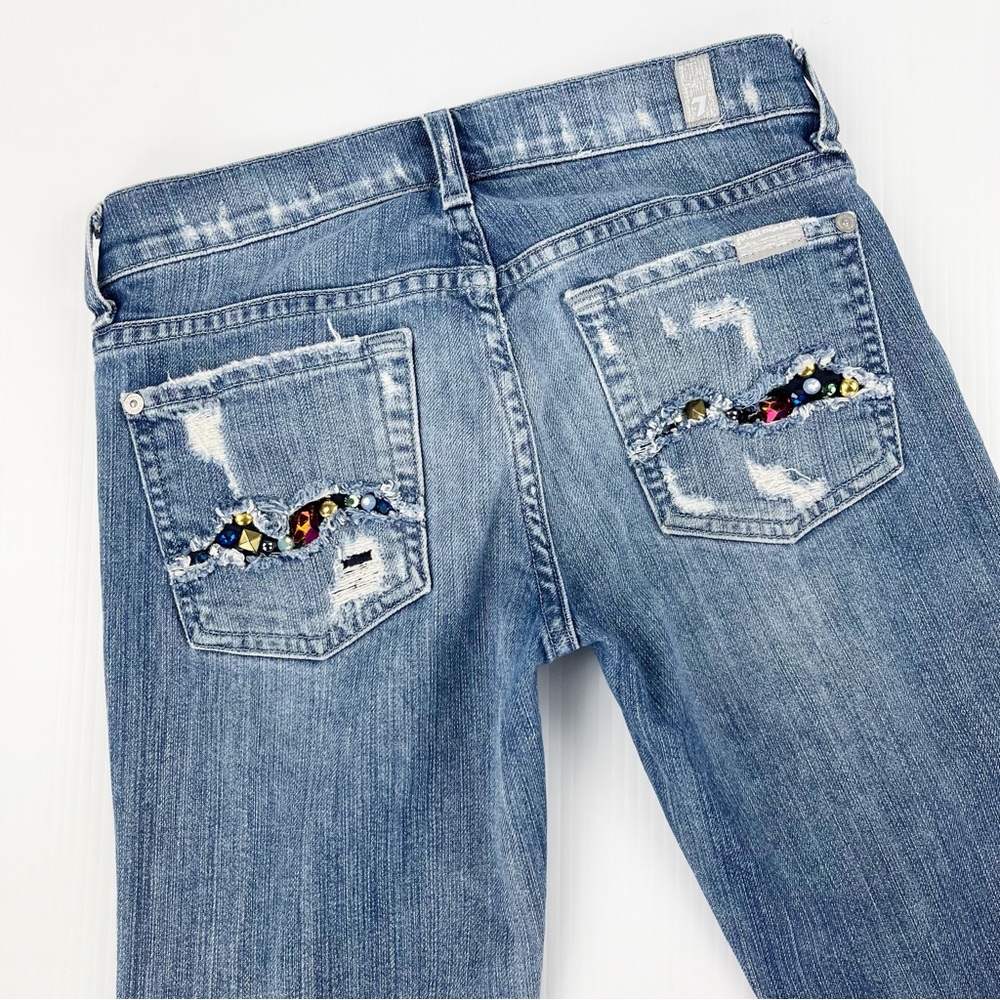 7 For All Mankind Bootcut Distressed Jeweled Bling Blue Denim Jeans